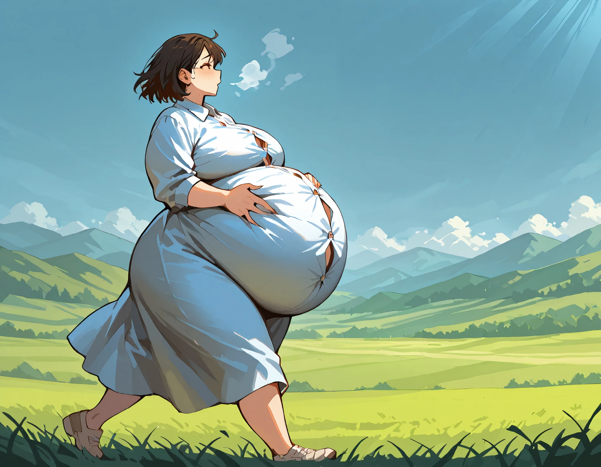 art by kipteitei, 1girl, out of breath, holding own belly, running down hill, dress, chubby (best quality, masterpiece), huge belly. Button gap, from the side, lanscape picture, sunbeams, beautiful landscape, (immobile:1.2)