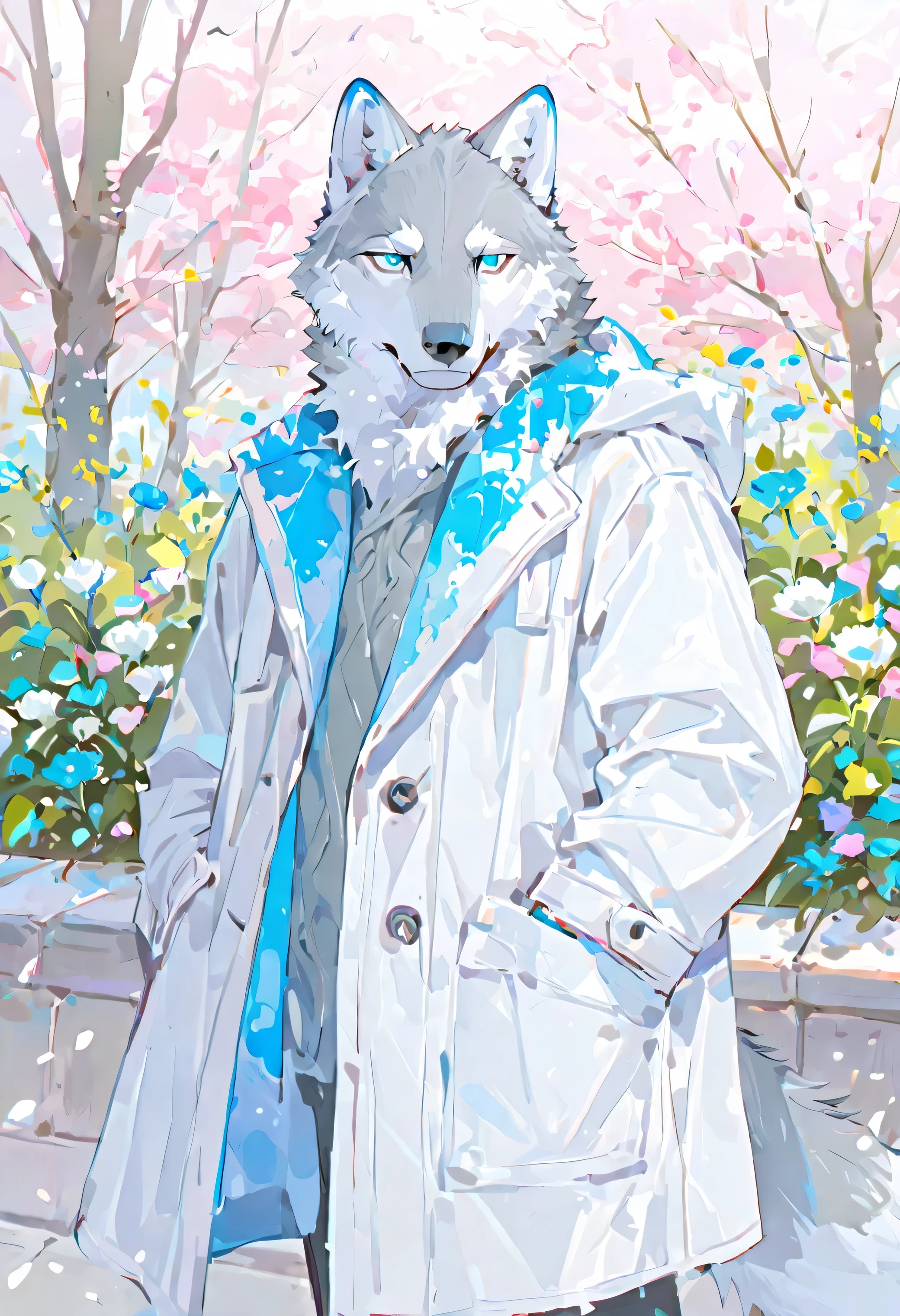 , male white wolves , blue pupil,Grey Fur,painter,spring,breeze,Main Street,coat,Waiting alone on Main Street