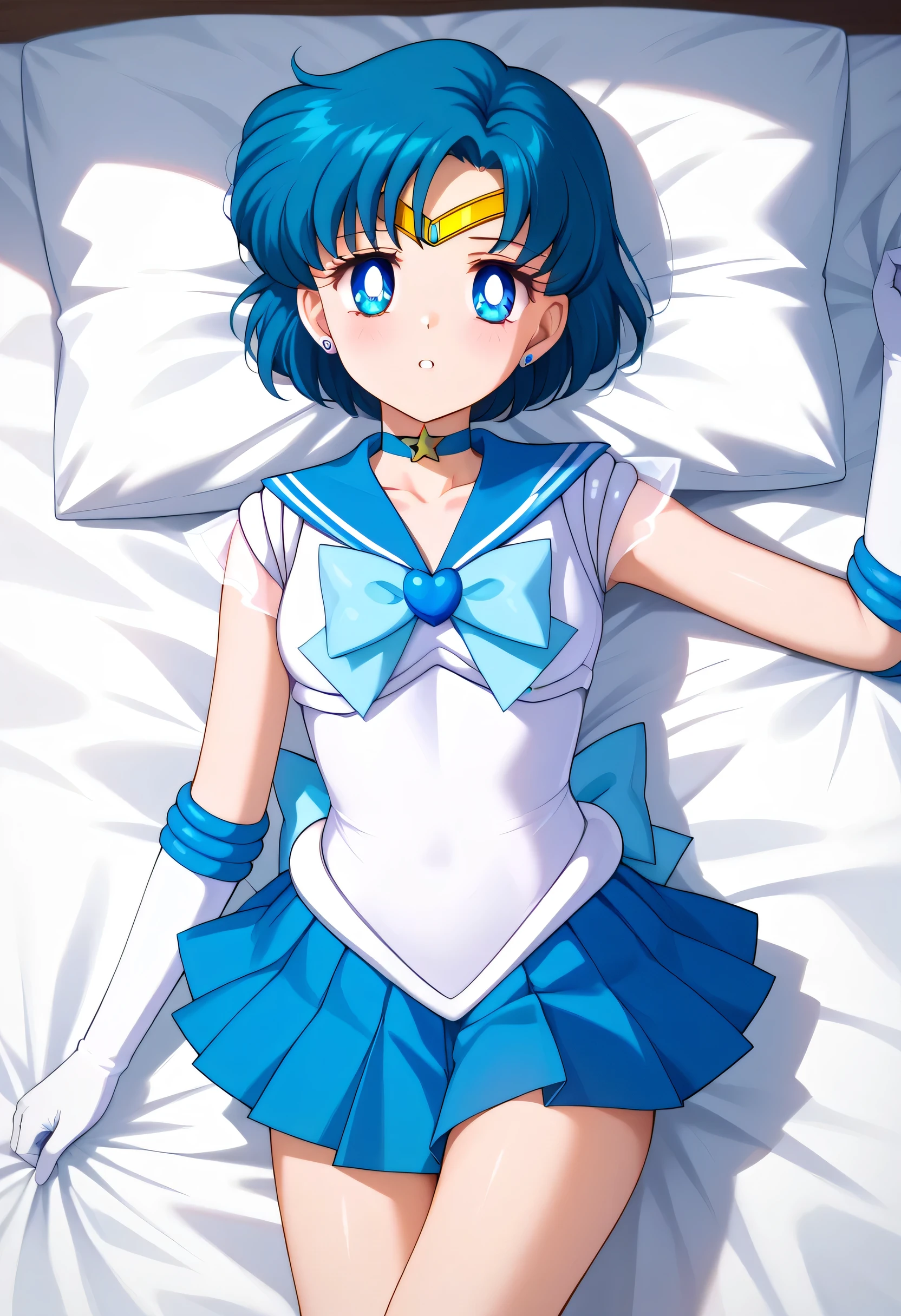 nsfw, (( I'm rubbing my boobs)), Sailor Mercury, tiara, Sailor Warrior Uniform, aamercury, short hair, greenish deep blue hair, turquoise blue hair, tiara, earrings, blue eyes, blue choker, blue sailor collar, blue bowtie, white shirt, elbow gloves, white gloves, pleated skirt, blue skirt, bare legs, ( masterpiece, super high resolution , better quality , CLEAR FOCUS, shadow, super high resolution , 8k, perfect anatomy , perfect face, ( detailed face ), ( detailed eyes ), An attractive anime woman wearing ish light blue underwear on the bed , she has small breasts , The crotch of a white leotard is visible, lying on cream or off-white sheets, Her facial expression is suggestive , the expression they feel pleasure , The overall atmosphere is sensual and passionate , The background is dark and blurry , The focus is primarily on the female figure , the lighting is soft and warm , It gives the scene an intimate feel, Legs Open