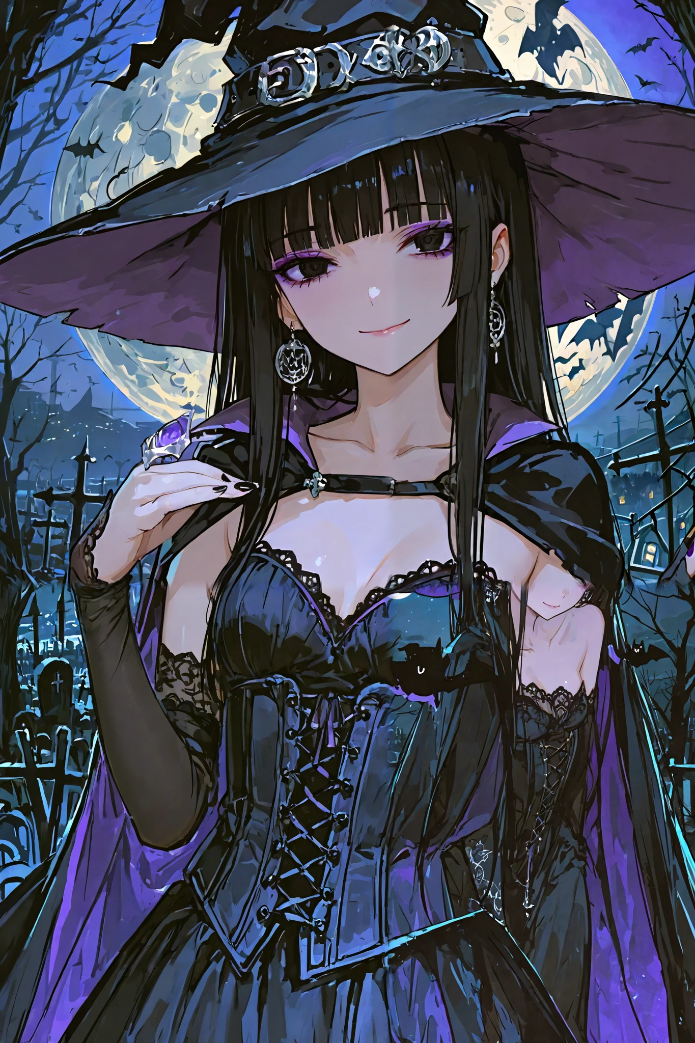 1girl, solo, earrings, jewelry, witch_hat, cape, blunt_bangs, black_eyes, long_hair, moon, smile, black_hair, bangs, looking_at_viewer, elbow_gloves, night, full_moon, collarbone, black_headwear, gloves, dress, corset, closed_mouth, small_breasts, halloween, outdoors, sky, black_gloves, eyebrows_visible_through_hair, sidelocks, black_cape, upper_body, standing, cloak, lace, nail_polish, detached_sleeves, bridal_gauntlets, halloween_costume, purple_cape, witch, hime_cut, black_nails, black_dress, night_sky, mysterious, ominous, graveyard, detailed_background, open_mouth, purple_eyeshadow, best quality, masterpiece