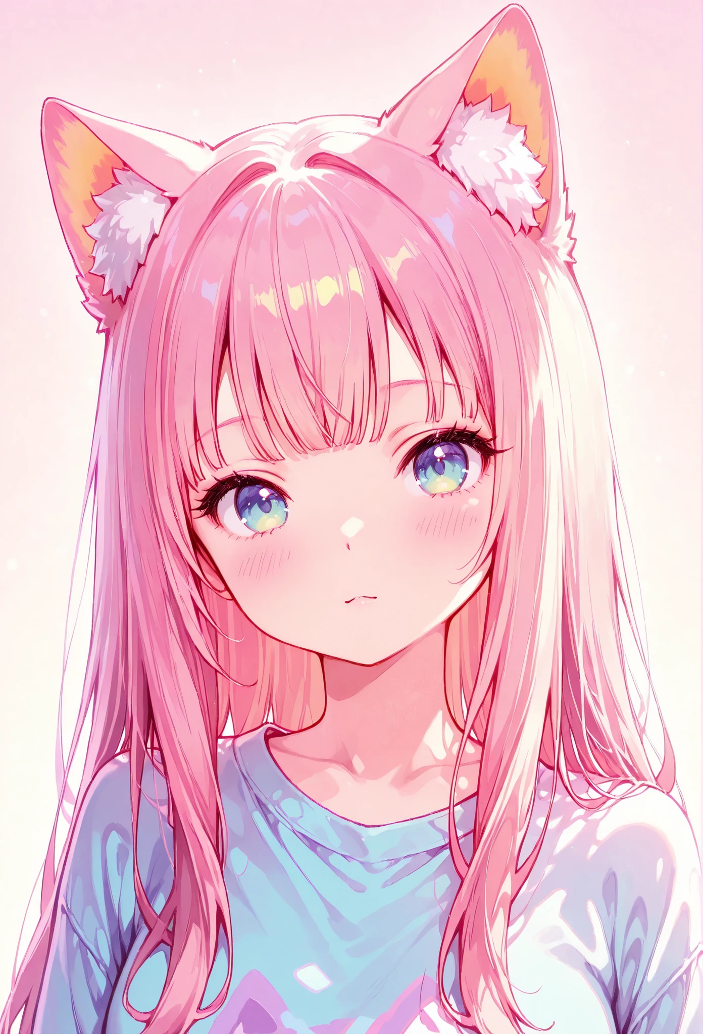 random hot and busty korean catgirl, cat ears, pastel color palette, no background, pastel background, colorful background,
