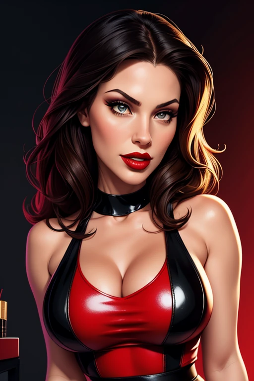 (masterpiece, best quality), 1girl, 26 year old woman, tan-bronze skin, yellow eyes, medium breasts, hourglass figure, athletic, blushing, snarky expression, she's adventitious and thrilled, wide smile, short hair, black hair, bangs, mascara, red lipstick, ((Wearing red biker jacket, cropped red leather jacket, strapless red top, black leather pants), tight fitting clothing, cleavage, midriff, at rave, nightclub, heavy makeup, kissable lips, punk, punk style, punk hair, dancing,
