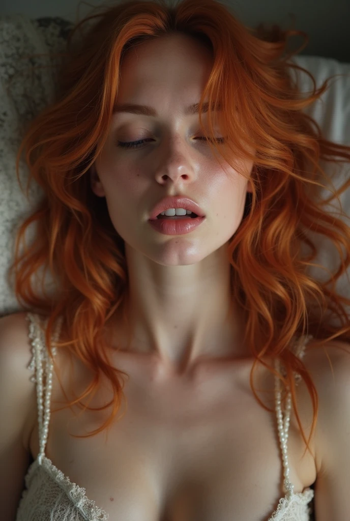 Hot ginger women. On her knees. Making sexy face. Eyes closed. Red lips wide open. Tongue out. Long messy ginger hair. Detailed. Realistic. High-quality. 36k. Purple satin underwear. Full body picture. Sticking her tongue out.