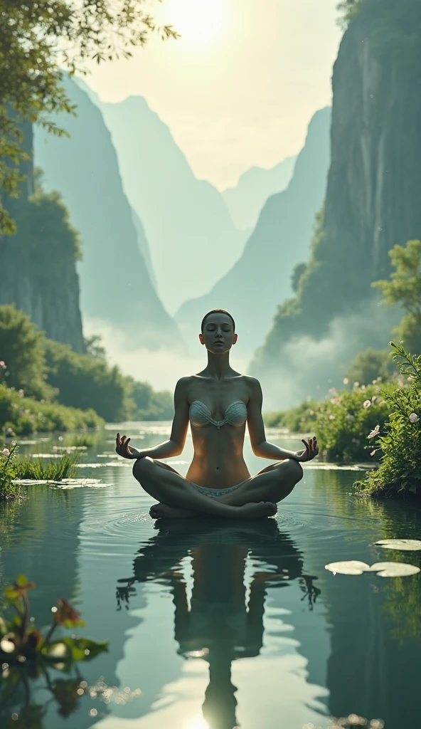 nude woman sitting on a ledge in a pool with a waterfall in the background, a statue inspired by Lam Qua, reddit, fantasy art, japanese goddess, giant stunning goddess shot, indian goddess, beautiful goddess, oriental fantasy, asian female water elemental, next to a waterfall, asian nymph bald goddess, asian, nature goddess, cinematic goddess body shot