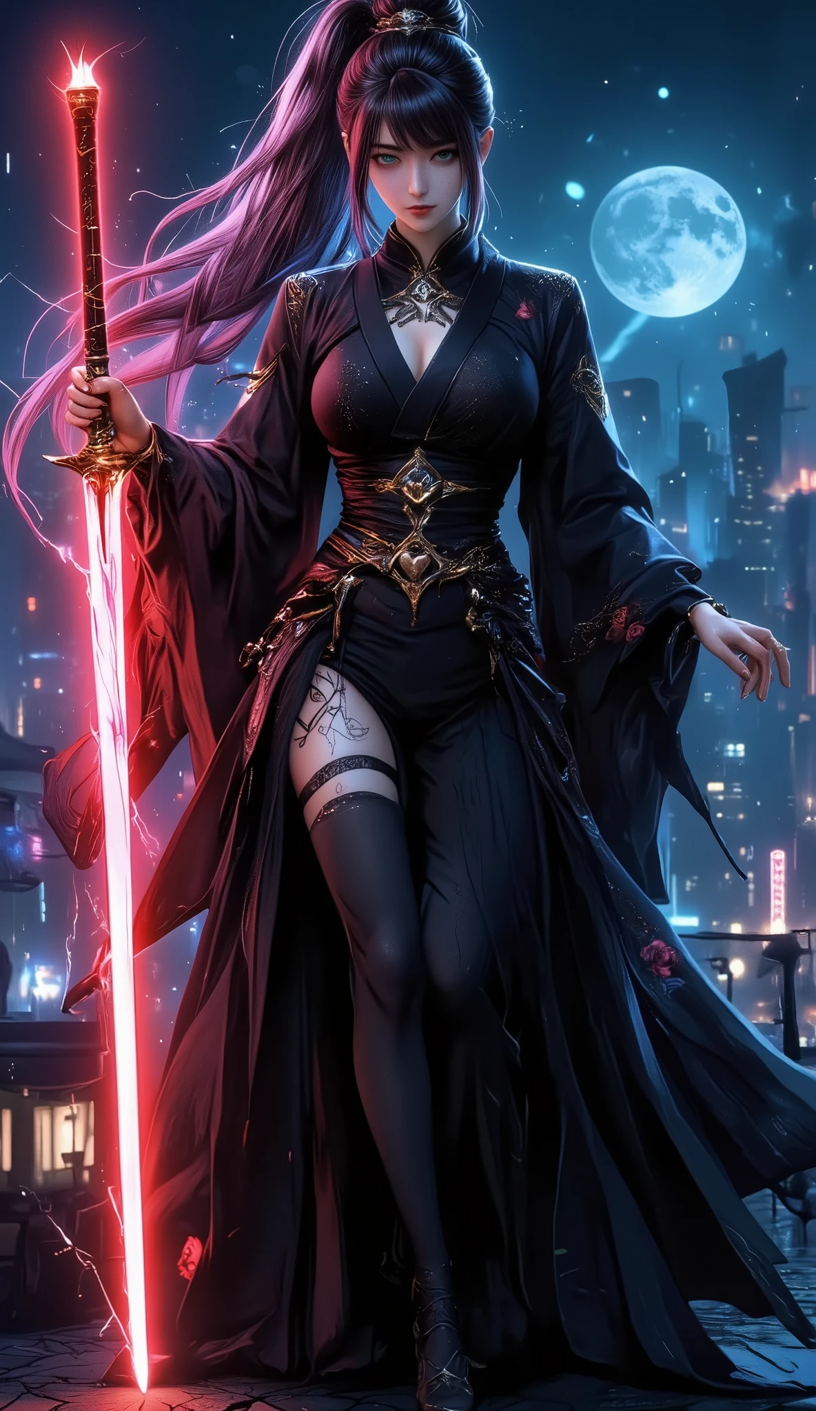 ((Breast:2.0)), ((cleavage:2.0)), ((Flowing Silver to green gradient hair:2.0)), absurdly long hair, ((high ponytail:2.0)), (Long-legged:2.0), (skinny woman:1.0), ((Green and pink odd eyes:2.0)),
(A full-height1.5), (Muscular:2.0), (abs:2.0), Athletic build and slim silhouette, Ultra definition finger, One Woman, Ultra definition face, pefect face, detailed hands, (shiny skin:0.7), (rose tattoo on thigh:1.2),
break, ((Black cheongsam made of mithril with roses:2.0)), ((A sparkling red lightsaber wrapped in blue lightning:2.0)),
Ultra resolution, Rendered in a ultra detailed, 16K quality, (Realistic:2.0), (Photorealistic:2.0), (Professional lighting:1.4),
(Late Night:2.0), (Starry sky with a full moon:1.5), A high-rise rooftop with a view of the city,