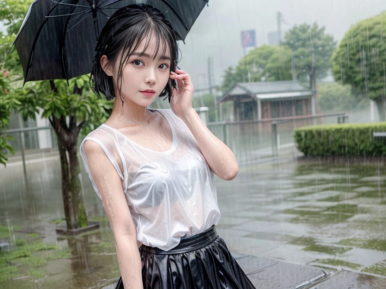 Natural image quality,(looking at the camera),１People Girls,Japanese,20-year-old,Beauty,Are crying,((Crying)) ,tears,Short-sleeved summer clothes,skirt,(Disheveled Hair), ((Wet Hair)), ((Wet body)), ((Wet clothes)), ((Wet Face)), (The whole body is wet from rain), (Rainy city office district)