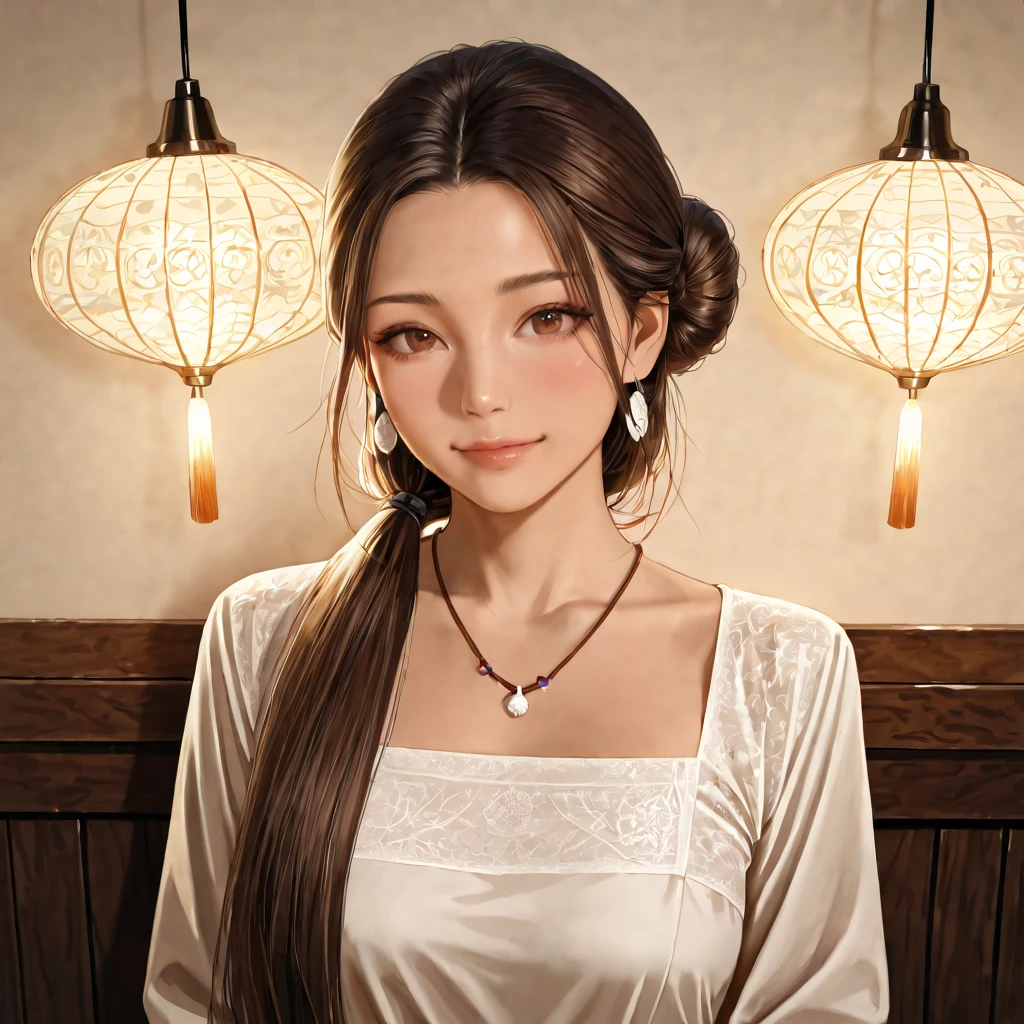 A realistic and detailed photo of a 20-year-old Thai woman, brown straight long hair tie in a bun , wearing Dress, at a dinner with a backdrop of beautiful twinkling lights from above.