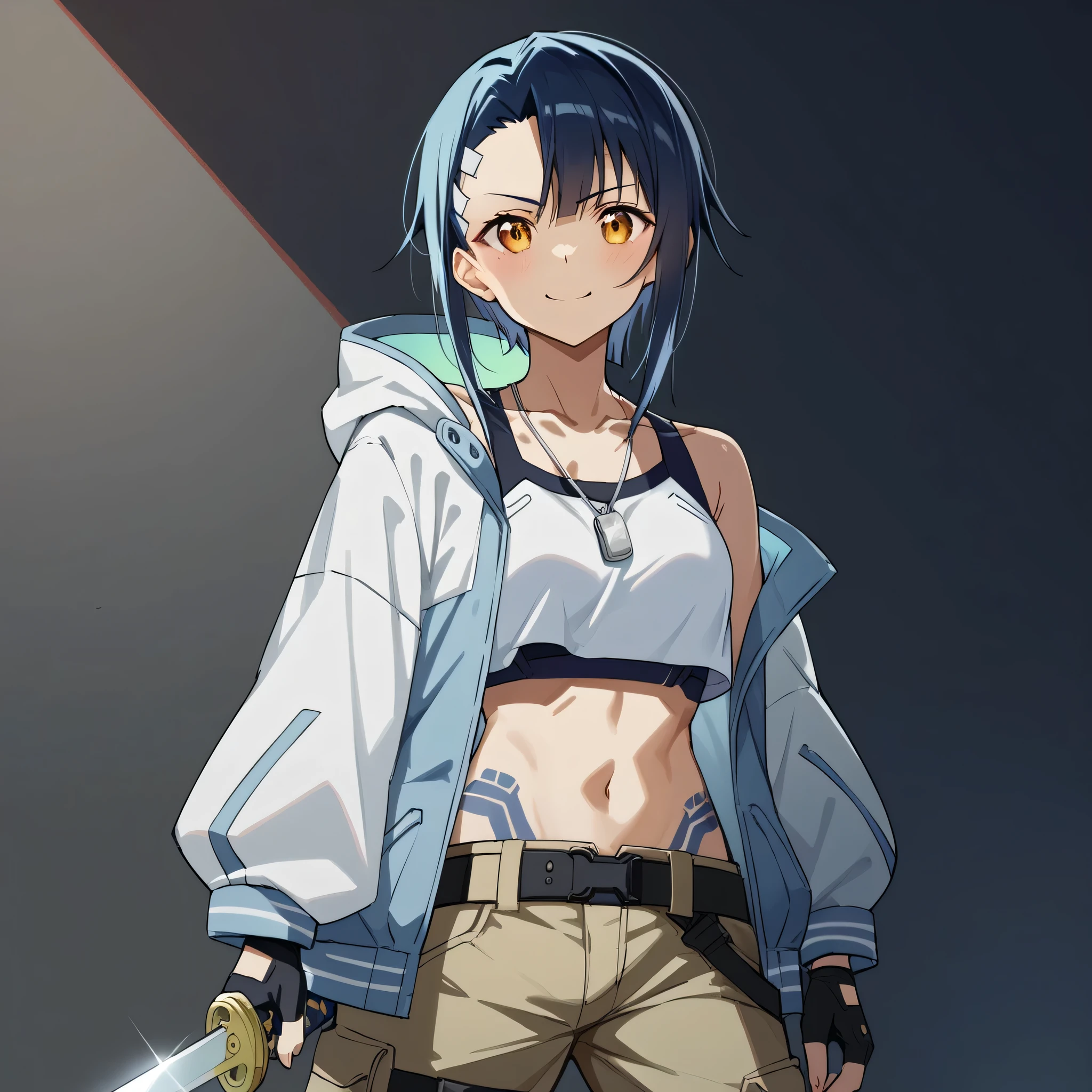 Anime character portrait of Aiko "Ghost" Tanaka, a 22-year-old Japanese-American female with shoulder-length messy black hair featuring dark blue streaks, sharp amber eyes with a slight glow, and a confident smirk. She wears an oversized hoodie, sleeveless crop top, and baggy cargo pants, complemented by combat boots and fingerless gloves. Accessories include a dog tag necklace and chain bracelets, with meaningful tattoos visible—barcode behind her ear and a dragon on her forearm. Set in a vibrant cyberpunk-inspired Neo-Tokyo background, capturing her street-smart and tough personality in a dynamic pose, SAO Sword Art Online style, expressive and animated --ar 16:9 --s 150 --no text.