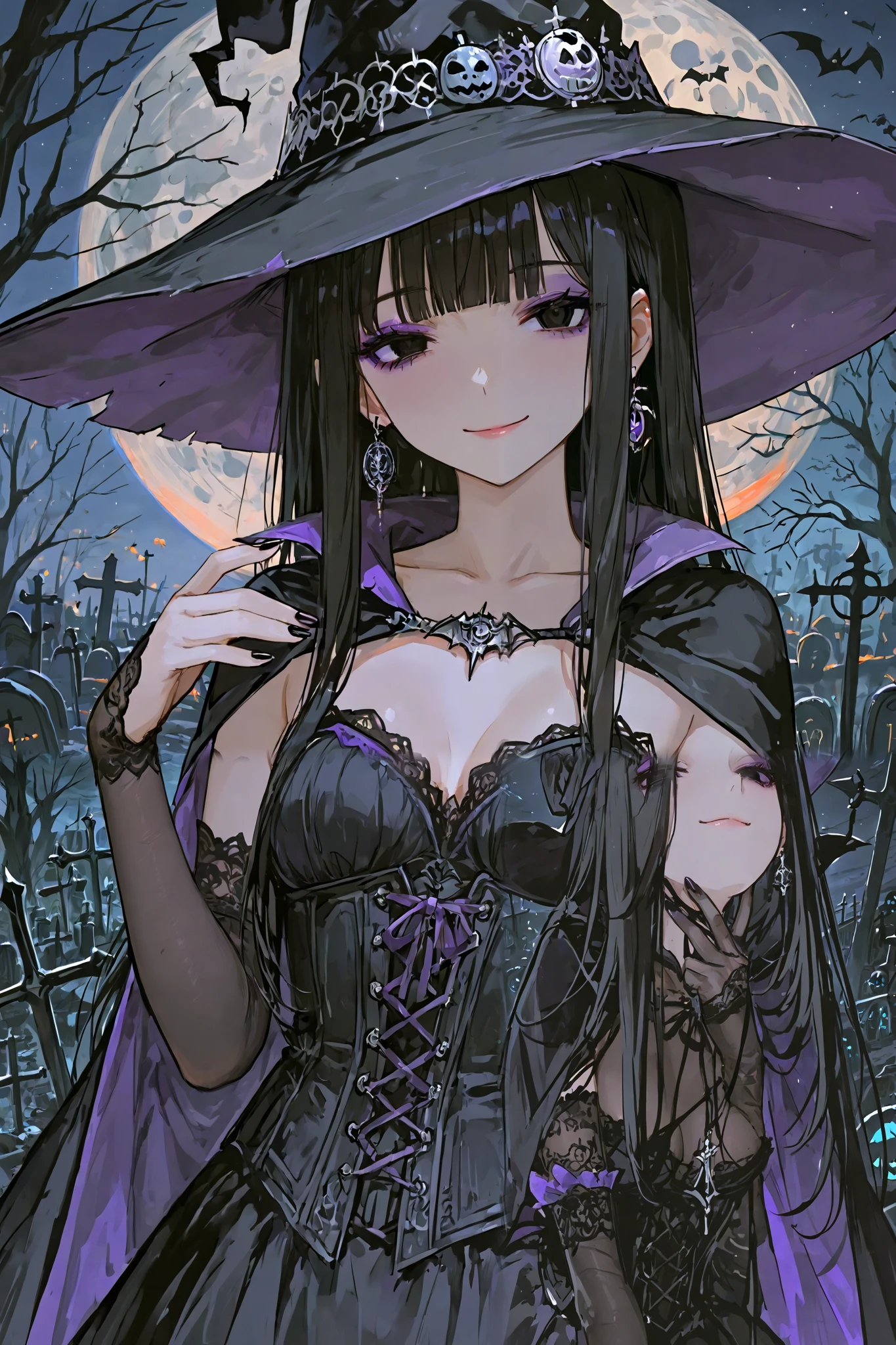 1girl, solo, earrings, jewelry, witch_hat, cape, blunt_bangs, black_eyes, long_hair, moon, smile, black_hair, bangs, looking_at_viewer, elbow_gloves, night, full_moon, collarbone, black_headwear, gloves, dress, corset, closed_mouth, small_breasts, halloween, outdoors, sky, black_gloves, eyebrows_visible_through_hair, sidelocks, black_cape, upper_body, standing, cloak, lace, nail_polish, detached_sleeves, bridal_gauntlets, halloween_costume, purple_cape, witch, black_nails, black_dress, night_sky, mysterious, ominous, graveyard, detailed_background, open_mouth, purple_eyeshadow, best quality, masterpiece