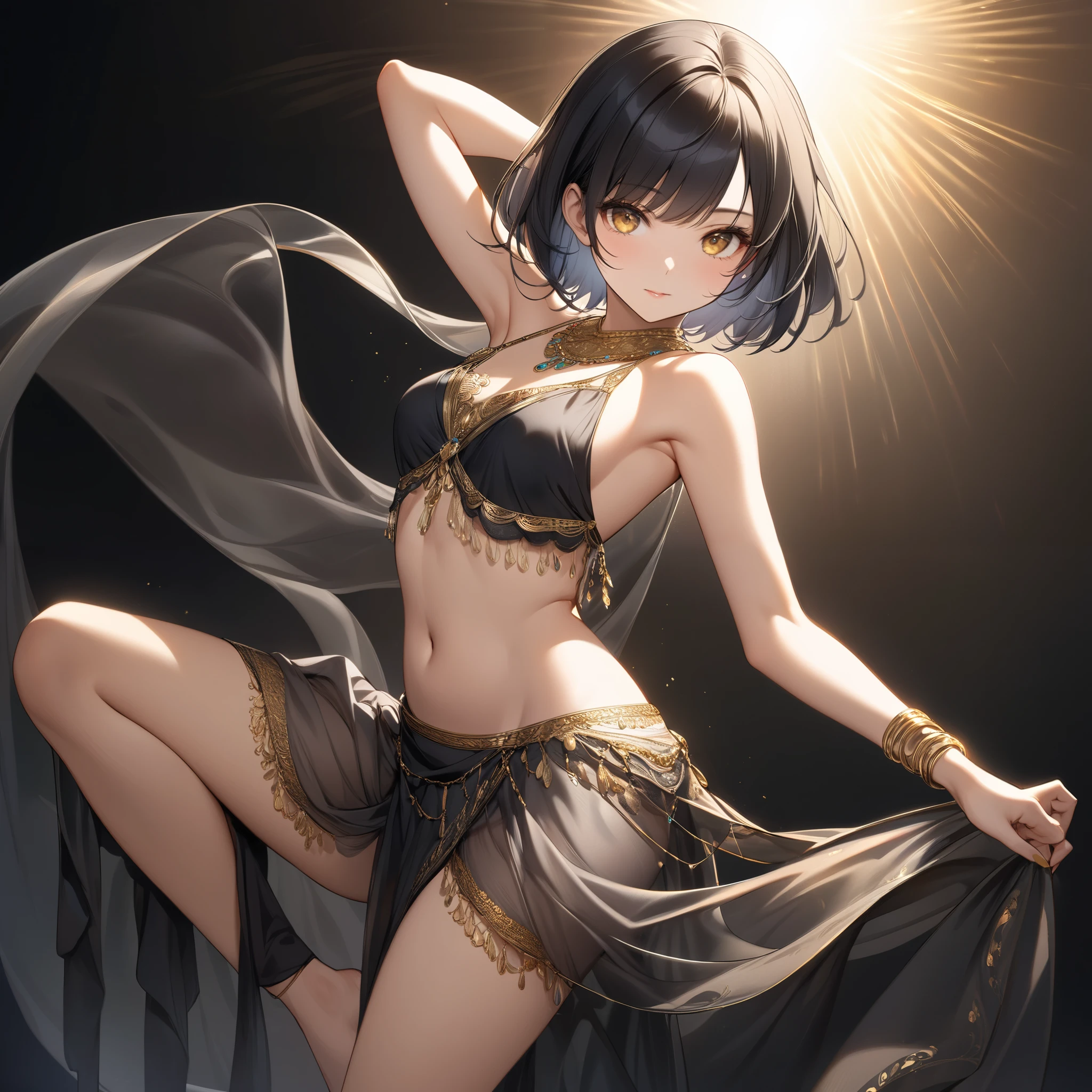 (1 boy solo:1.4),(flat chest:1.5),(dark skin:1.7), (masterpiece:1.2), highest quality, High resolution, unity 8k wallpaper, (fine and beautiful eyes:1.6), highly detailed face, perfect lighting, Detailed CG, (perfect hands, perfect anatomy), 20 years old, (black hair:1.3), (evil smile:1.4), detailed eyes, best quality, extremely detailed, very precise detailed, (glasses:1.6), (blunt bangs:1.3), (open mouth:1.3), (very short pixie cut:1.2), (Sandals:1.2), smile, (half closed eyes:1.3) ,long sidelocks, (shiny skin:1.4), (blush:1.4),(leaning back),navel,(kneeling:1.3),(Put left knee in front:1.5), (spread legs),(arms behind head:1.5), (see-through veil),(Criss Cross Halter bikini:1.2),(arabian clothes:1.5),(see-through harem pants:1.7),
