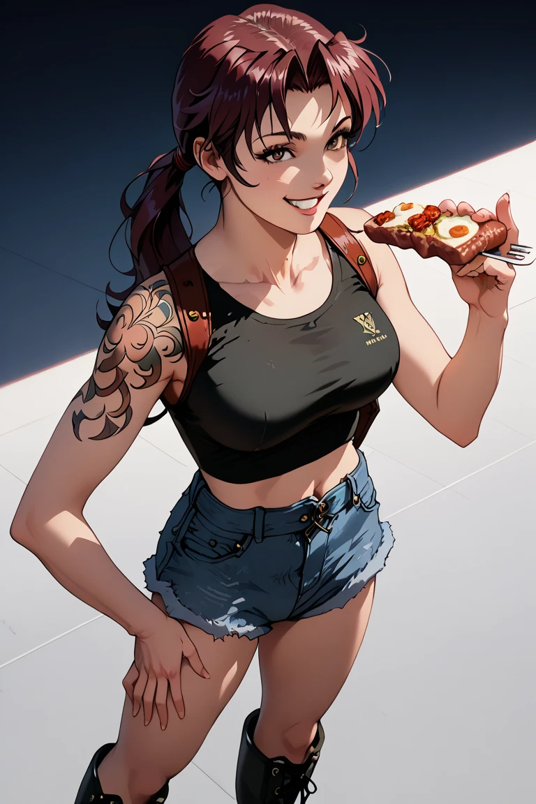 Holding (A slice of pizza)1.5　topless, Armless, A woman wearing full-zip shorts　Jeans have a belt　　　With side slits　Big Ass　Spread your legs　Open your arms