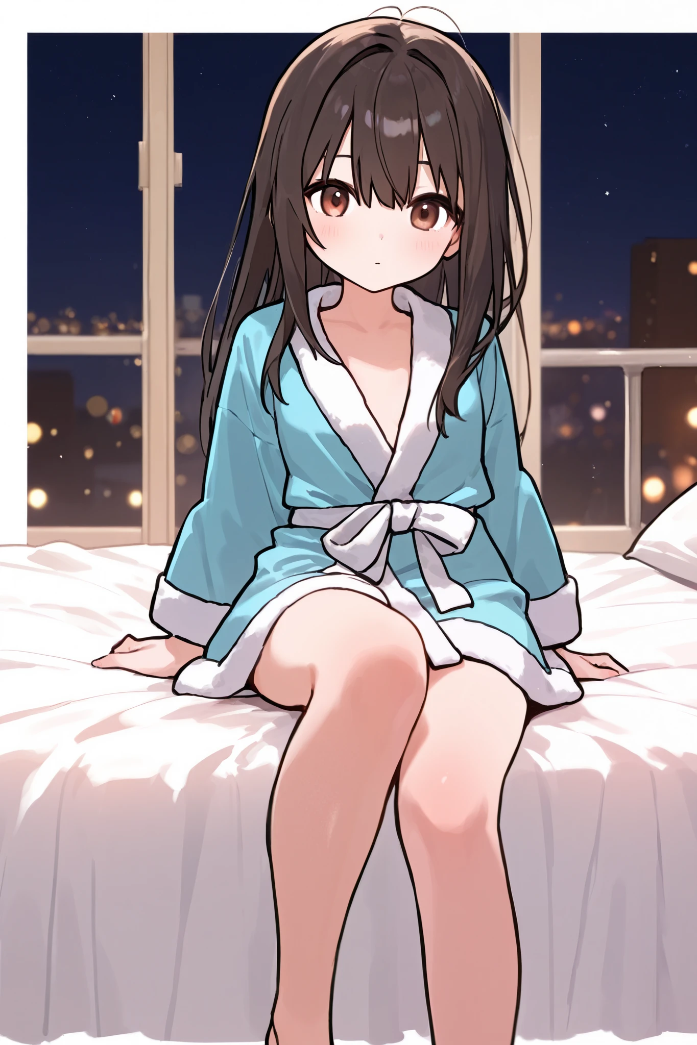 1 girl、bathrobe、bed、sitting、night