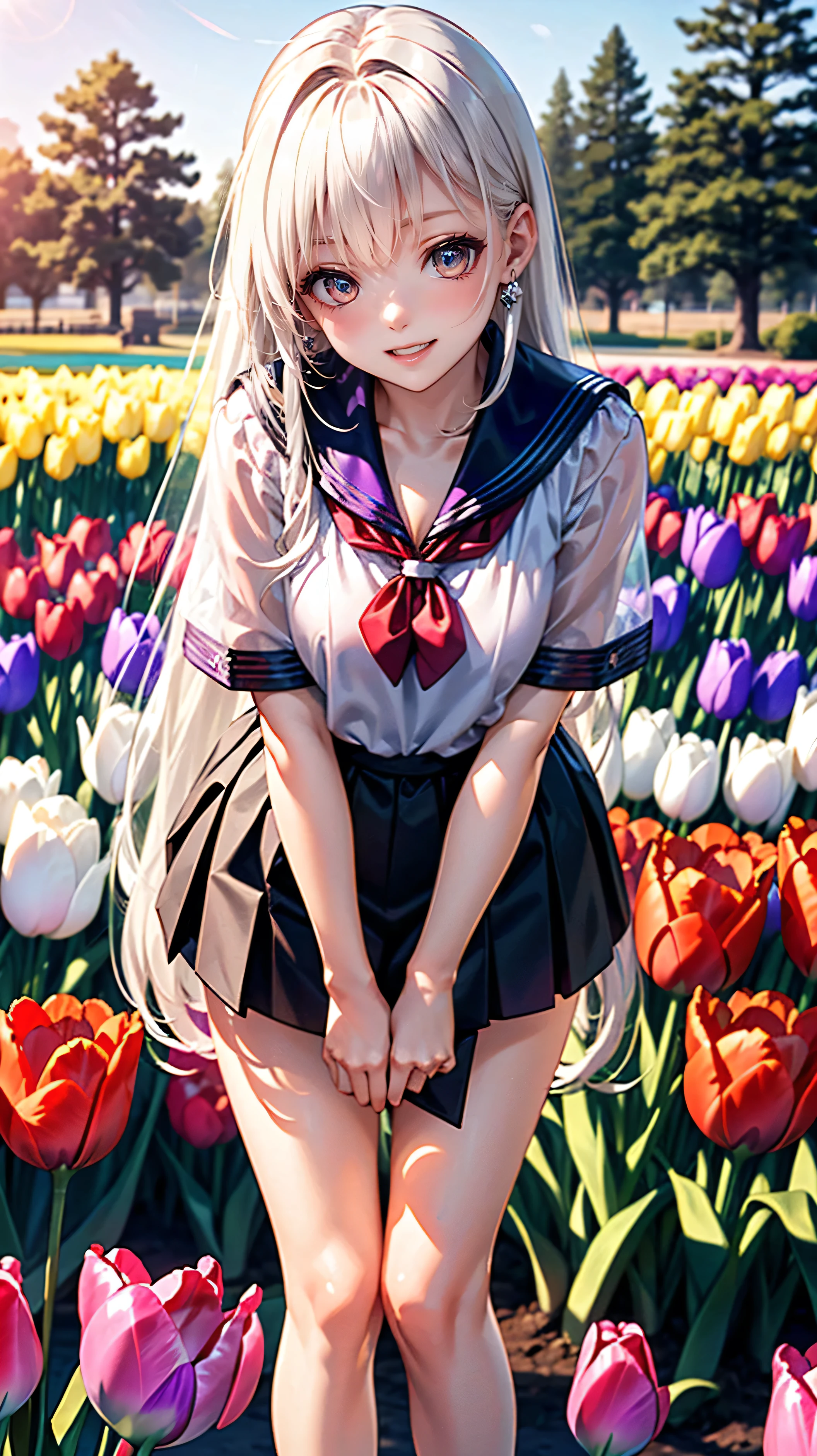 Highest quality, 8K, Highest quality, ((High school girl with crimson eyes)), ((Crimson Eyes)), ((Sparkling and delicate eyes)), ((Very precise eyes)), ((Long hair that is a mix of platinum and purple)), Princess cut, ((Translucent white skin)), Glowing skin, Very white skin, ((Small breasts)), ((Anatomically correct depiction)), ((Wearing a pink sailor uniform)), Crimson pleated skirt, Miniskirt thighs, ((Down blouse: 1.5))), ((Leaning forward)), Gaze, ((Leaning forward)), Blushing, ((Surrounded by beautiful tulips)), Tulip field, Big smile, Very beautiful.