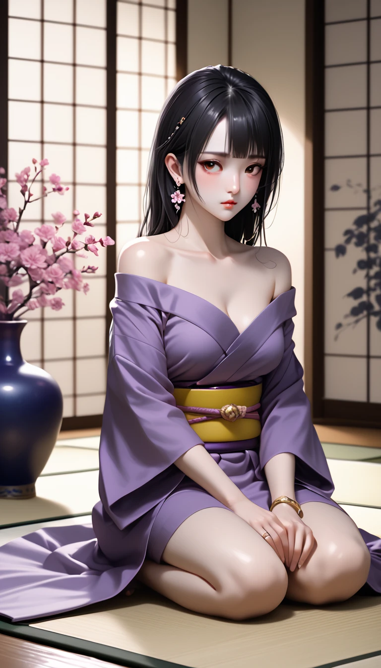 (masterpiece), best quality, 1girl, looking at viewer, (hinata)\(shippuden\), parted lips, wind lift, bottomless, purple fabric ,blue black hair, long hair, white eyes, solid eyes, large breast masterpiece, absurdres, hinata\(boruto\), 1girl, solo,mature female, off-shoulder oversized shirt, looking at viewer, (falling petals), perfect composition, detailed lips, big breast, beautiful face, body propotion, blush, (pink lips), long hair, purple eyes, soft gaze, super realistic, detailed, photoshoot, realistic face and body,