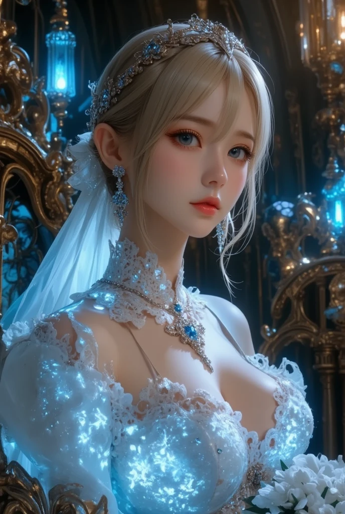 Girl, transparent, see through, silver and gold dress, topless, silver hair, tiara, glove, chokes, silver long sleeves, silver veils, ear wear, detailed hand, oval face, smile, picture form top to knee, sexy pose, extra large breasts, look at camera, camera from top, detailed, night, castle background, photorealistic, best quality