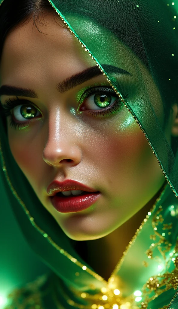 A woman of ethereal beauty from paradise, with exaggeratedly wide luminous eyes like glowing lakes, deep black pupils infinite as eternal night surrounded by dramatic wide black kohl, dazzling white eye sclera shimmering with molten pearl sheen, shifting gleam in the center between radiant emerald and molten gold. Long thick black silken eyelashes fluttering softly. Her face glows like a perfectly illuminated moon, translucent skin with a pearl-like sheen blended with hints of ruby and coral, cheeks elevated like hills of light, lips crimson and subtle like a paradise fruit. Abundant flowing hair like rivers of dark silk, covered with a luminous veil radiating soft light and faint musk scent. Youthful harmonious body (33 years old), slightly transparent skin glowing with inner radiance. She wears rich green silk garments adorned with shimmering golden threads, moving like gentle waves and sparkling like liquid light. Enveloped in a soft halo of light, surrounded by a faint musk fragrance, her presence exudes otherworldly grace."