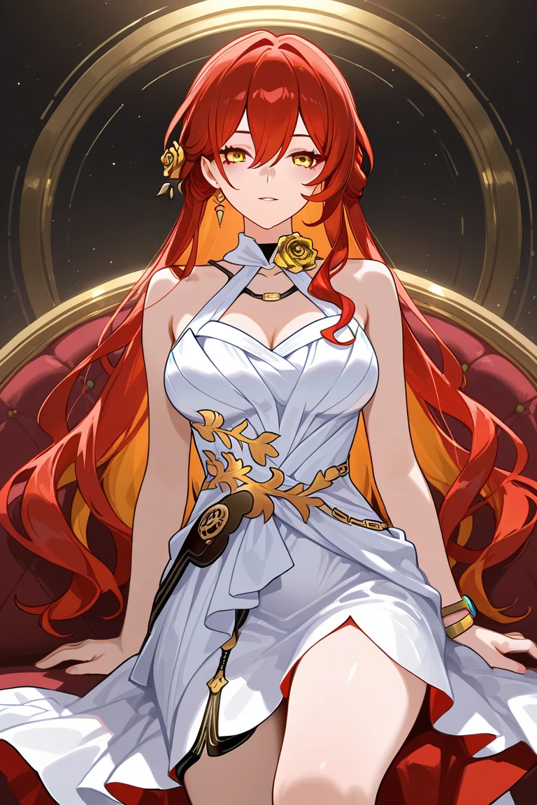 Official Art, master piece, sharp focus, (goddess, beautiful Greek woman, mature, perfect:1.3), (very beautiful:1.3) Beauty, Delicate and beautiful hair, eyes and face, realistic, Ultra Detailed, beautiful girl, white particle bright, (side lighting:1.2), Slim, lovely, Modest Busts(Above average), Massive:1.2) and Modest hips(Above average), smiling, ((Smile with your eyes, Open both eyes)), Posing, Alone, upper body, Mount Olympus, Greek pantheon, background, flames, singed Long red hair (orange tone), straight, facial expression, embarrassed, maternal, Modest, Happy, dynamic hair, Red eyes (fire color ), bright, (dress, conservative, Long, without exposing too much skin, White, gold details), ((camel)), pale skin, hair ornament
