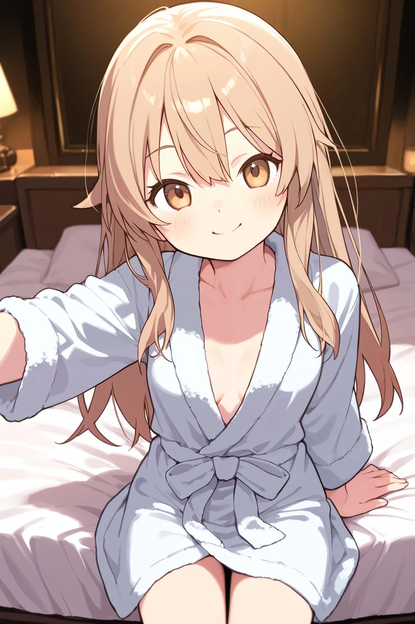 1 girl、bathrobe、bed、sitting、night