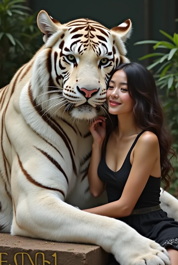 ((masterpiece)), (((highest quality))), ((Super detailed)), (Great cleavage:1.1), A beautiful Asian girl is touching a white tiger,beautiful, nature, sky and ground, Strong winds, Blown away by the wind, Line Cloud,light from clouds, Located in a dense and remote jungle, Award-winning photo, BLN-L24, Ash,High contrast,Low Saturation,High color 8k 3D, 2x.8 Lenses, Bird's Eye View, Light