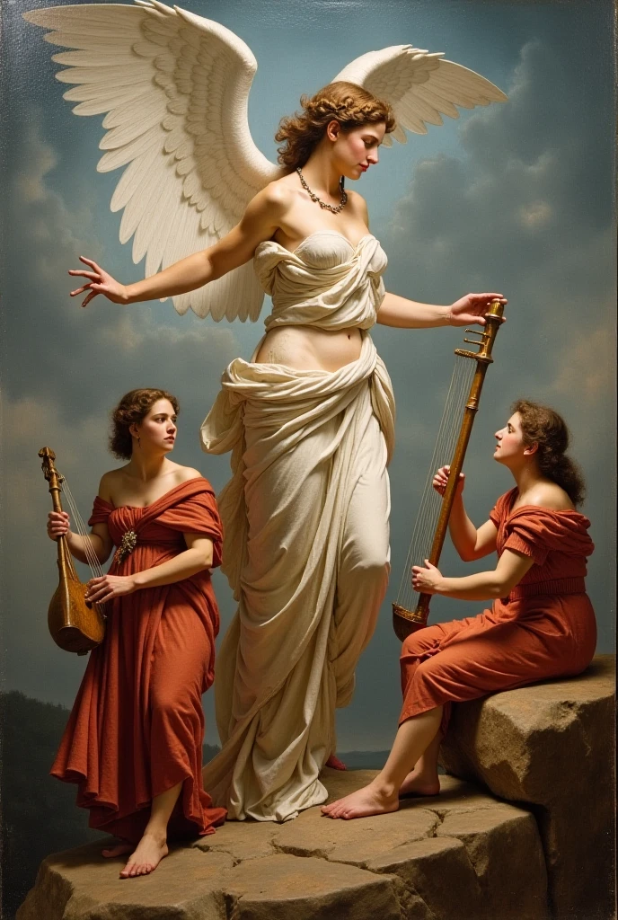Flogging angel with outstretched hand ,to catch a girl who is blowing.