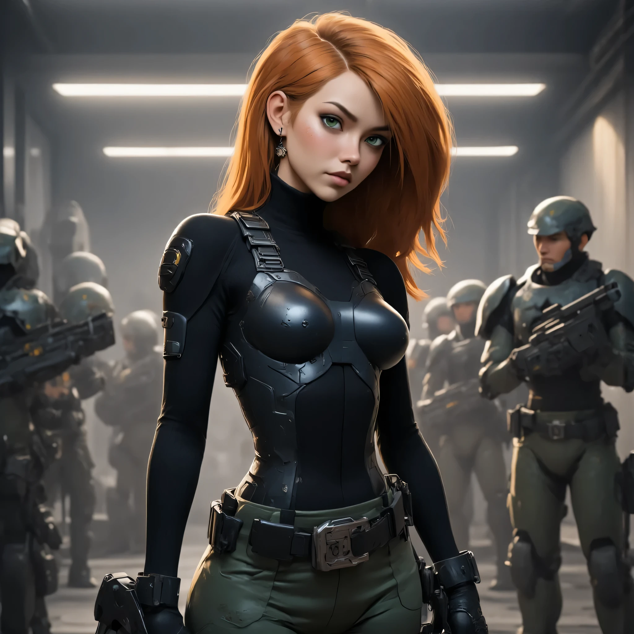 1girl, seductive shapes, Kim five plus , a smirk on the face cheerful look, semi-profile, Kim-five character plus (Kimberly ), athletic body, seductive body and curves, red hair, pretty face, determined look , straight hair, Green eyes , A girl in a black sweater and dark green pants, preparing for battle, Conceptual Style (concept art), semi-profile, cinematic lighting, 8k, hyper-realistic, intricate detailing, sharp focus, neutral background, fully measured full-length photo, several military guards are standing and defending their positions and an armored freight elevator in the lab, special forces, Beautiful medium-sized breasts, cool hips, beautiful waist, gold earrings in the form of round rings, sitting on a penthouse chair