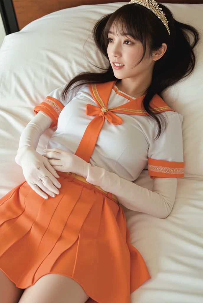 1girl, long hair, (high quality,8k, blonde hair, realistic, best quality, masterpiece, ultra detailed)1.5, ((sama1, tiara, sailor senshi uniform, white gloves, red sailor collar, red skirt)), night city, white gloves, Purple Bow, Purple eye, high heel boots, pantyhose, ((laying down on the back:1.8)), (eyes closed:1.7), (unconsciousness:1.6),