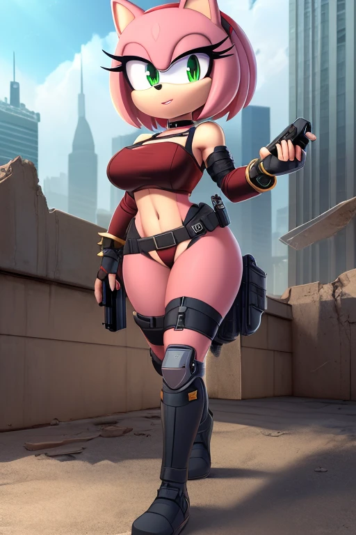 (Sunglasses: 1.2), (Red swimsuit: 1.3), School swimsuit, thick eyebrows, leather backpack, bazooka that sticks out of the backpack, carrying heavy weapons, (dark skin: 1.3), black gloves, brown skin, movie lighting, small, beautiful light pink hair, rabbit ears, (masterpiece), ((best quality)), (super detailed), glossy skin, full body anime girl, solo, clean and detailed anime face, High resolution animated eyes, five fingers, textile shading, perfect human structure, perfect anatomy,