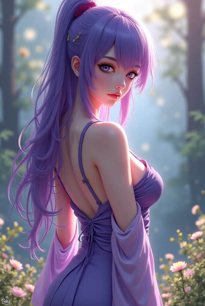 ((sensual body)), medium breasts, transparent black bra, ((Indigo Pantyhose)), one hand in hair, thighs, sexy legs, (((Medium shot))), seductive look, blush, outdoor, in a garden, looking at viewer, cloudy, moody lighting, (perfectly detailed eyes:1.2), glowing eyes, (long hair one braid:1.2), (Masterpiece, Best Quality, High Quality:1.4), professional artwork, Intricate Details, field of view, sharp focus, detailed painting, photorealistic lighting, trending on pixiv, (vivid lighting, vibrant colors:1.05), realistic shadows, ambient occlusion, (athletic body:1.3), mature woman, 30yo, shenhe, hyperdetail eyes, beautiful eyes, (((solo:1.4))), semi-realistic hair, (((beautiful makeup:1.3, beautiful pink lipstick:1.3, beautiful pink eyeshadow:1.3, purple eyes:1.0, purple hair:1.0))), (solo:1.4)