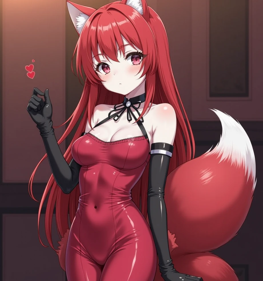 a redhead woman, very long hair falling to butt height. She is wearing a purple blouse that highlights her large breasts.. She has red fox ears, with the inside of the ears in light pink, and a red fox tail with a light pink tip. Only his left arm is completely tattooed. She has fair white skin and a slim body with blue eyes.