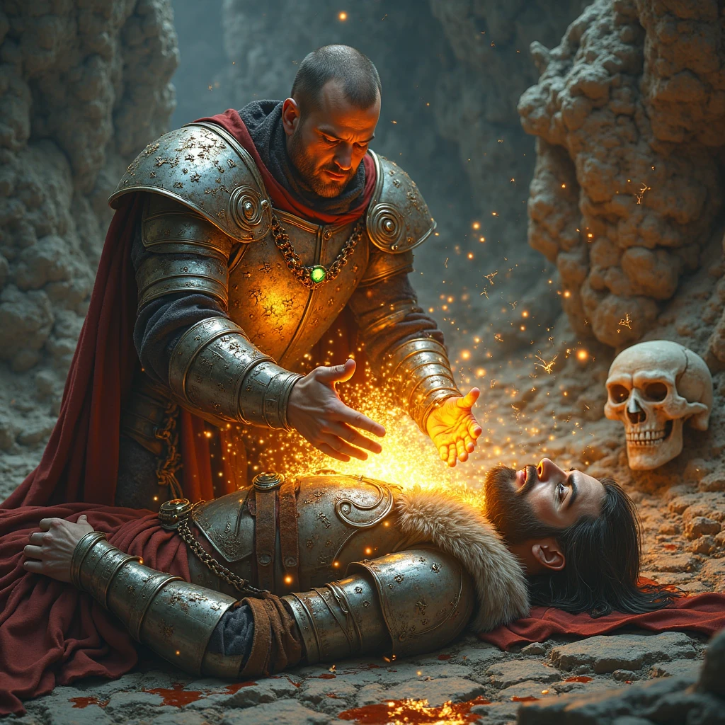 There's a man holding a glowing hand over another man's chest, Viking and Templar aesthetics, still from a fantasy movie, sacred flame spell, medieval d&mood, magic scene, Tuomas Korpi e Wlop, por Adam Marczyński, curator, casting fire spell, casting a protection spell, casting a fire spell, casting a flame spell