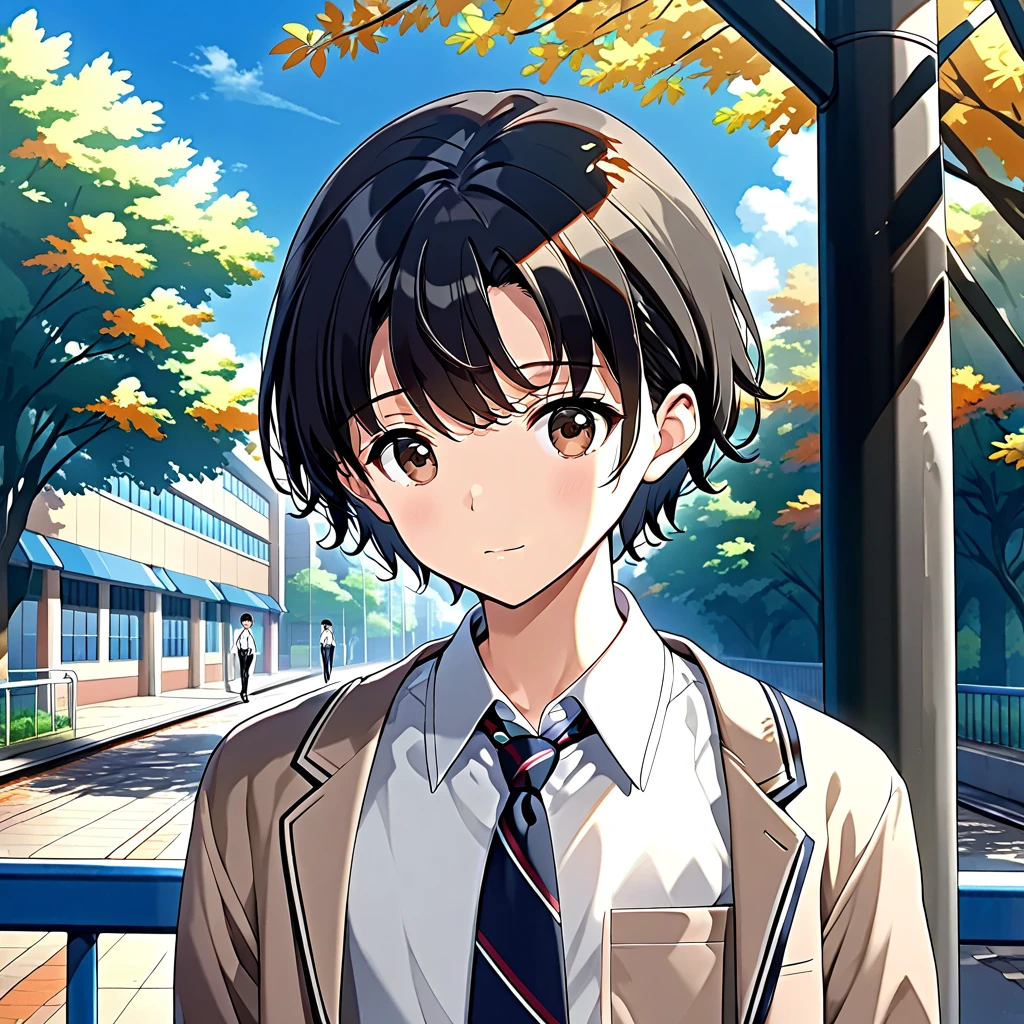 digital cel-shaded anime, 1boy, solo, pure boy, cute face, he looks lovely, brown eyes, black hair, straggly hair, Short hair, shorthair, very short hair, short bangs, high school uniform, student, long pants, necktie, small eyes, femboy, girlish, common scenery, flat chest, Poor chest, flatchest