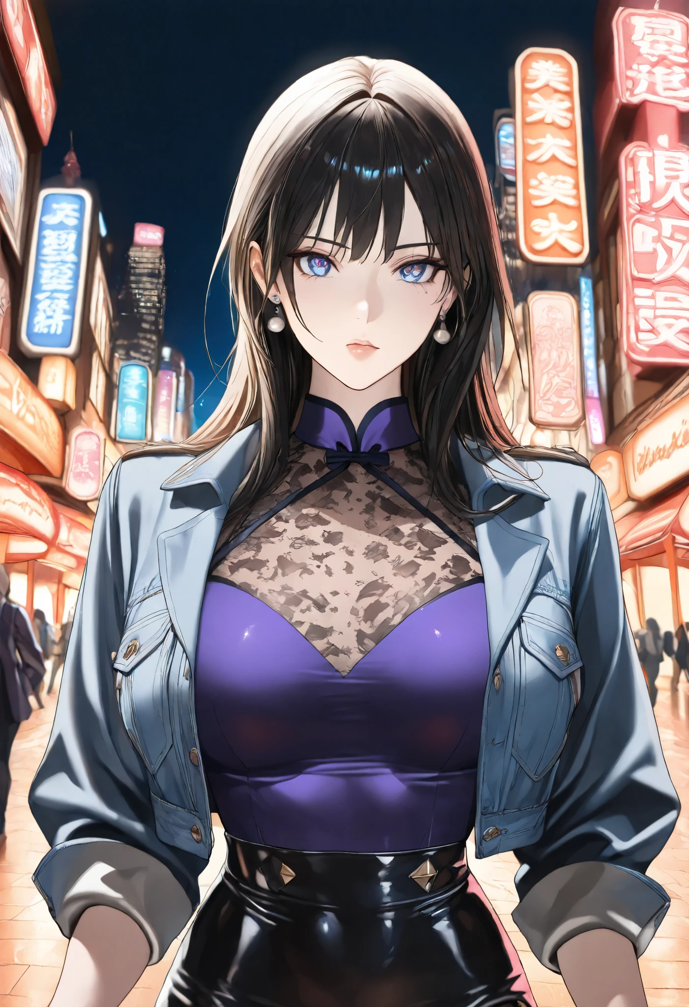 ((best quality, 8k, masterpiece: 1.3)), concentrated: 1.2, wearing an emerald red Chinese dress ,8K Ultra High Definition,masterpiece级别的作品,RAW format photos,best image quality,extreme detail(1.2): realistically recreated , Extremely elaborate CG is unified in 8K resolution , 8K diamond-level subtlety and wallpaper-like visual impact,Has a deep depth of field、 light and shadow layer effects 、Lens flash 、 ray tracing technology ( Amazingly Beautiful Face 、beautiful lips、beautiful eyes), Facial Details Are Extremely Delicate(The skin texture is very delicate)——Depicts a Korean female model, in the dark ,In the deep shadows,Attractive Korean Girl,K-pop idol looks like (Very slim and toned figure:1.3),Shown from the audience's point of view,Purple vest 1 .5, short denim jacket 1 .5, Low Rise Denim Mini Skirt :1.5,Short-length clothing tailoring design, Night view of the city ,neon lights,Beautiful Korean Woman Wearing Black Hair、Dark atmosphere at night,Wearing pearl stud earrings、lace pantyhose,The eyes are clear and bright, Walking posture , White Skin ,Staring squarely in front of the camera, Attractive Big Eyes (上半身close-up),close-up, is very slim、Slim and elegant,exquisite face, she looks a lot like actor Kim Hee-sung
