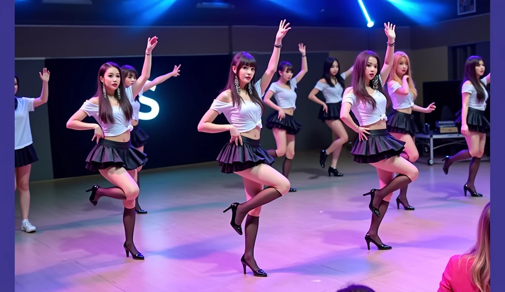Create a stunning masterpiece featuring a dynamic cinematic scene showcasing a talented Korean girl band on the main stage. They are wearing fashionable mini dresses, surrounded by a excited crowd. Capture the energy and unity of the 5 girls in a group picture, masterpiece, main stage, Korean girl band, mini dresses, crowd, cinematic, 5girls, lineup, Group_picture, multiple girls,