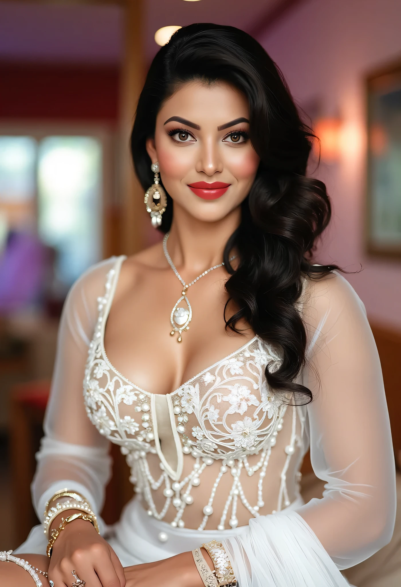 1girl, breasts, jewelry, solo, cleavage, black_hair, realistic, necklace, smile, earrings, long_hair, grin, makeup, brown_eyes, looking_at_viewer, bracelet, lipstick, large_breasts, see-through, dress,