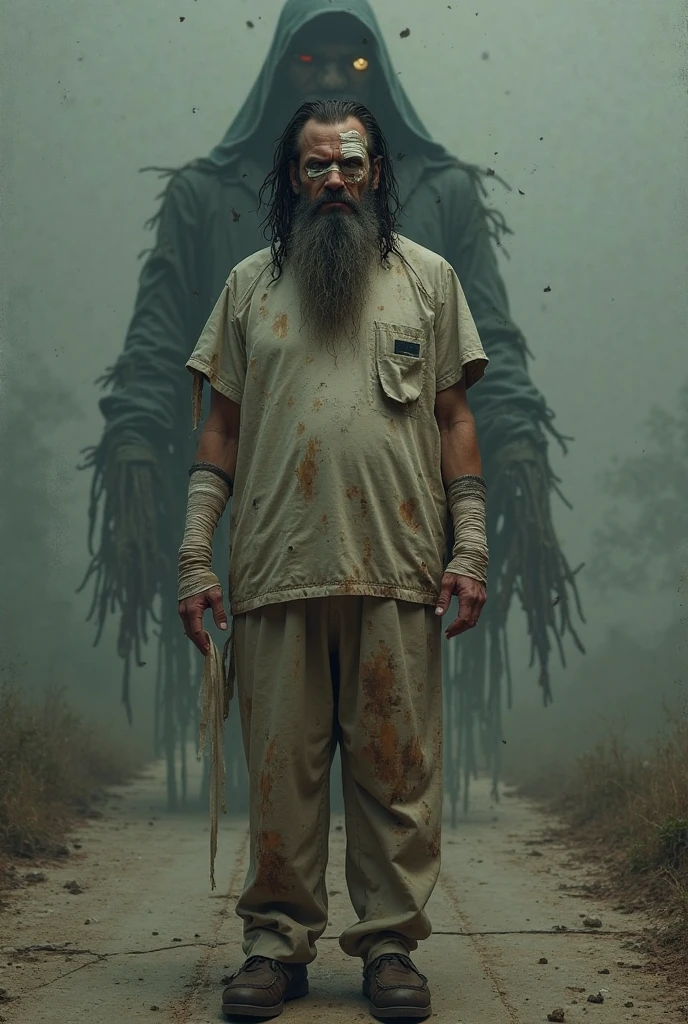 A tall and dark man, with a straw hat, rancher's clothing, carrying a bag with blood full of human flesh, Walking in a dark forest full of people hanging from trees