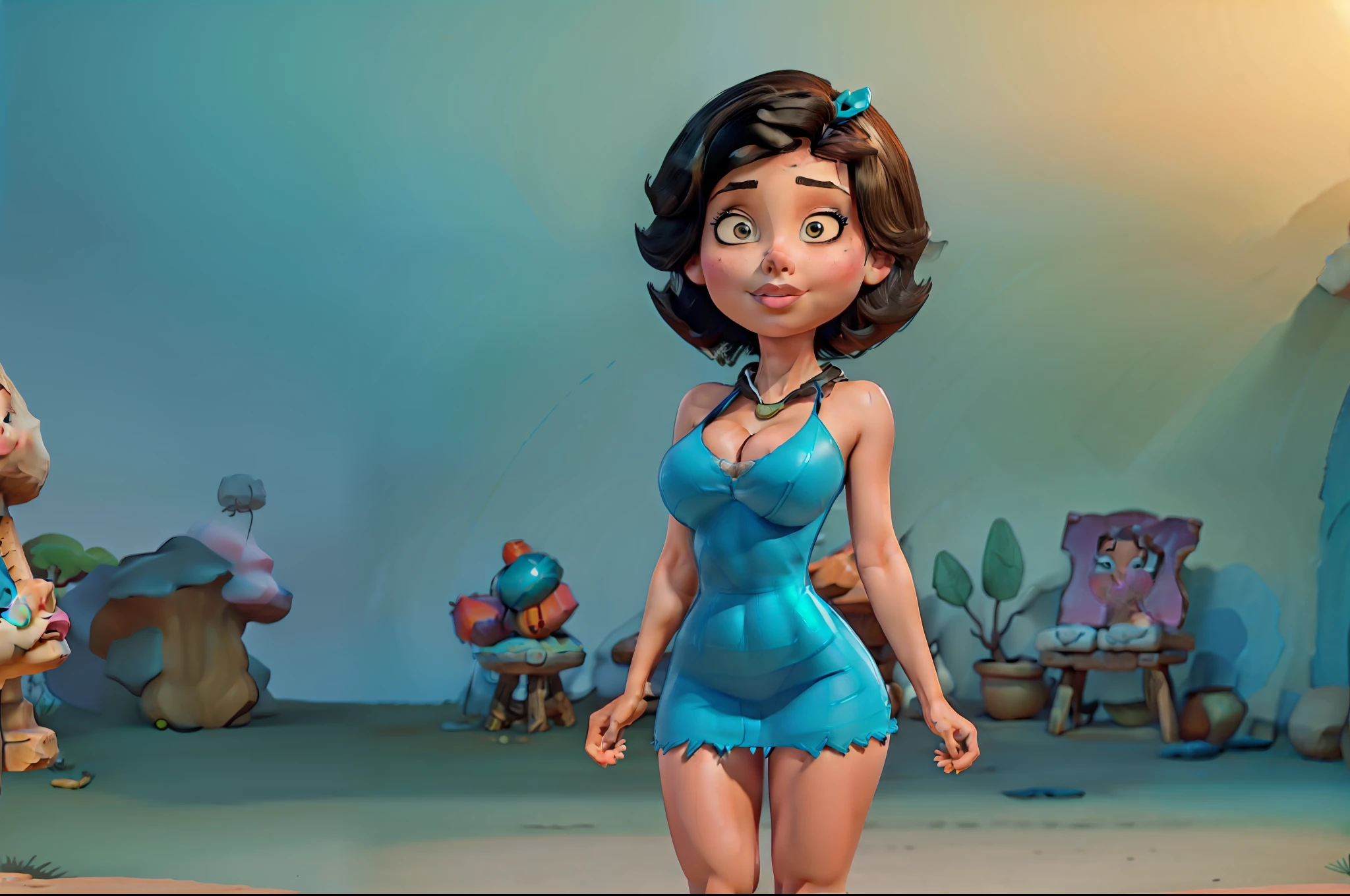1girl, solo, practicing yoga, short hair, hair bow, black hair, black eyes, blue short dress, bare legs, makeup, curvy body, bubble butt, thick legs, wide hips, large breasts, cleavage, detailed face, forest, outdoor, masterpiece:1.3, best quality:1.3, 4k, 8k, highres, ambient lighting, vibrant colors, ultra detailed:1.2, thepit, BettyXLP