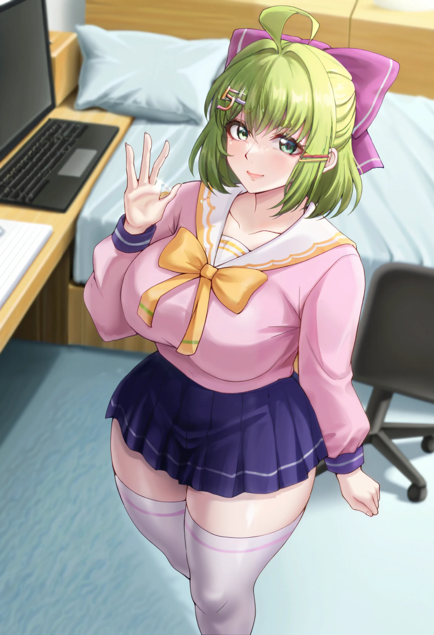 Masterpiece, best quality, high resolution, 1girl ,full body shot, (best quality), (ultra-detailed), (masterpiece, best quality:1.3), 1female, adult, Masterpiece, Best Quality, hi res,HD, detailed 1girl ,anime, mature female, indoors, smile, age 30 - 40 ,curvy, milf, mother, NSFW,short green hair, green eyes, purple bow headdress, sailor suit, blue pleated skirt, white stockings, Green Hair Bow Girl,ahoge / stray hair,M-shaped fringe / M-shaped bangs Short green hair, green eyes, purple bow headpiece, Barrette . Hair bow voluptuous, voluptuous female, looking at viewer, high resolution, 8k, 4K, high detail, detailed bangs, detailed hair, high detail face, high detail eyes, detailed lips, dynamic shot, dynamic angle, small nose,GreenHairBowGirl, ,Pink dress, long sleeve,Hair bow,desk, computer,gamer,bed, chair, bedroom,looking at the viewer,((mature fingers)),Voluptuous body, curvy body, accurate fingers, GreenHairBowGirl ,Tsuma_Netori_Style