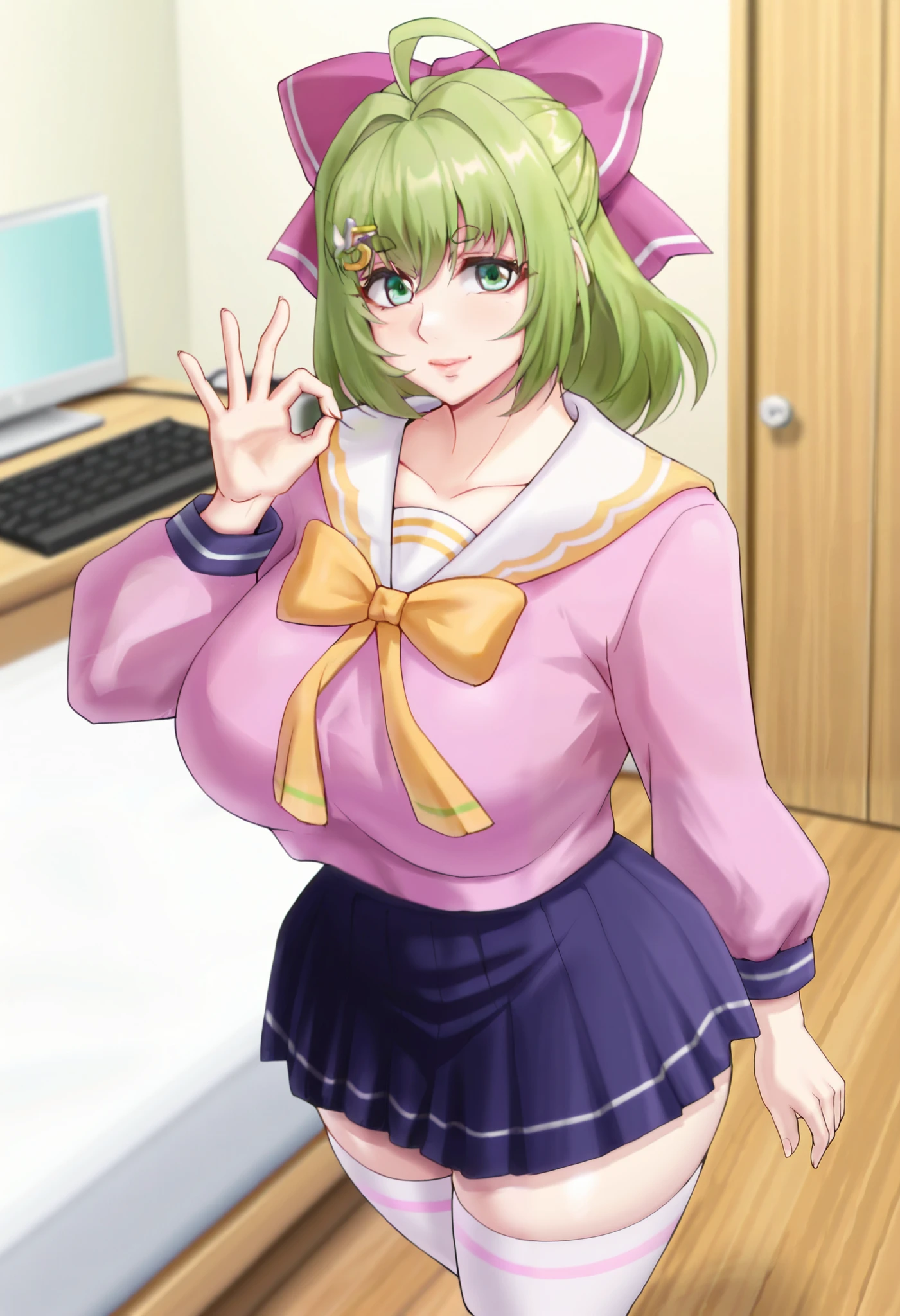 Masterpiece, best quality, high resolution, 1girl ,full body shot, (best quality), (ultra-detailed), (masterpiece, best quality:1.3), 1female, adult, Masterpiece, Best Quality, hi res,HD, detailed 1girl ,anime, mature female, indoors, smile, age 30 - 40 ,curvy, milf, mother, NSFW,short green hair, green eyes, purple bow headdress, sailor suit, blue pleated skirt, white stockings, Green Hair Bow Girl,ahoge / stray hair,M-shaped fringe / M-shaped bangs Short green hair, green eyes, purple bow headpiece, Barrette . Hair bow voluptuous, voluptuous female, looking at viewer, high resolution, 8k, 4K, high detail, detailed bangs, detailed hair, high detail face, high detail eyes, detailed lips, dynamic shot, dynamic angle, small nose,GreenHairBowGirl, ,Pink dress, long sleeve,Hair bow,desk, computer,gamer,bed, chair, bedroom,looking at the viewer,((mature fingers)),Voluptuous body, curvy body, accurate fingers, GreenHairBowGirl ,Tsuma_Netori_Style