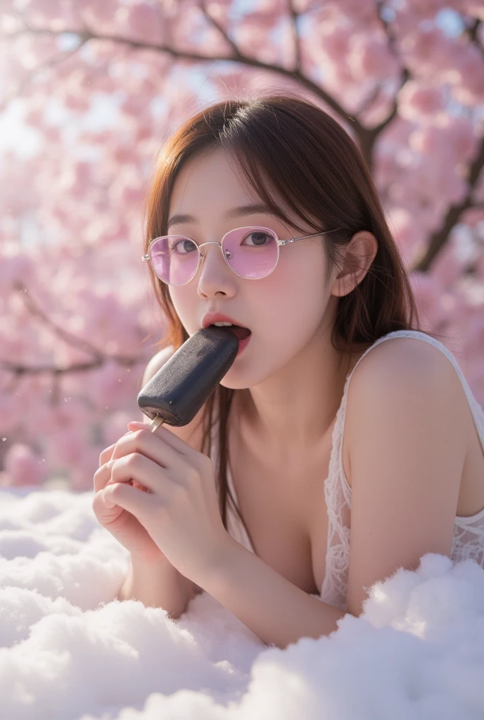 A beautiful Japanese woman with glasses, wearing a tube top, enjoying an ice candy outside on a summer afternoon. looking up with an alluring gaze, making eye contact with the camera.
