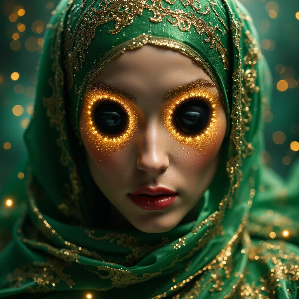 A woman of ethereal, otherworldly beauty from paradise, representing the Houris, with (((exaggeratedly wide eyes beyond human imagination))), (((deep black pupils infinite as eternal night surrounded by dramatic, wide black kohl))), ((white sclera glowing with molten pearl sheen)), ((a shifting gleam in the center blending radiant emerald and molten gold)), long, thick black silken eyelashes fluttering softly. Her face glows like a perfectly illuminated moon, (((translucent skin with a pearl-like sheen blended with hints of ruby and coral))), cheeks elevated like hills of light, lips crimson and subtle like a paradise fruit. ((Abundant, flowing dark silk hair cascades like rivers)), covered with a ((translucent, glowing veil radiating soft light and faint musk scent)). Her body is harmonious and youthful (33 years old), with ((slightly transparent skin glowing with inner radiance)). She wears (((rich green silk garments adorned with shimmering golden threads, moving like gentle waves and sparkling like liquid light))). Enveloped in a ((soft halo of light, surrounded by a faint musk fragrance)), her presence exudes divine, otherworldly grace."  

