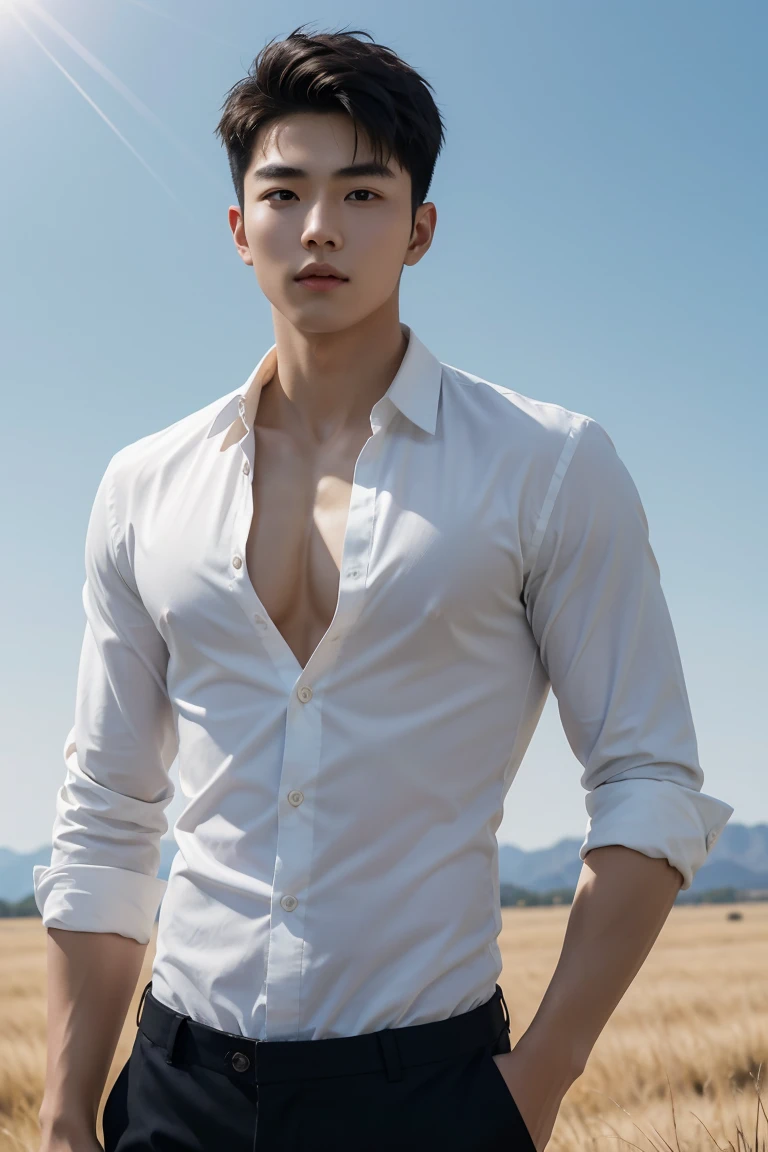 Korean boy wearing airline pilot whites, There is an airplane background nearby, Detailed background, Detailed fingers, Full body shot, Stylish short hair, Looking at the camera, Delicate facial area, Masculinity, pectoralis major,Six-pack abs,active boy, Posture, Happy expression, Perfect anatomical structure, Symmetrical body, Asia boy 19 years old, High Detail, Asia, Practical, Human skin, Short hairstyle, Handsome chad chin, Handsome, male, attractive, Human skin, (Eye contact), Handsome, attractive