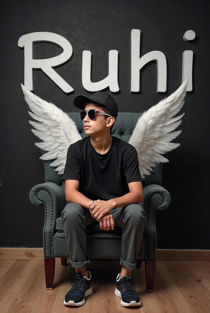 Create a 3D illustration of a boy in a black shirt sitting casually on a wingback chair wearing sneakers, a black cricket cap, and sunglasses while looking ahead. The background features “ANKITSINHA” in big and capitalised white fonts on the black wall. There should not be his shadow, and there are wings to make it appear as if he is an angel