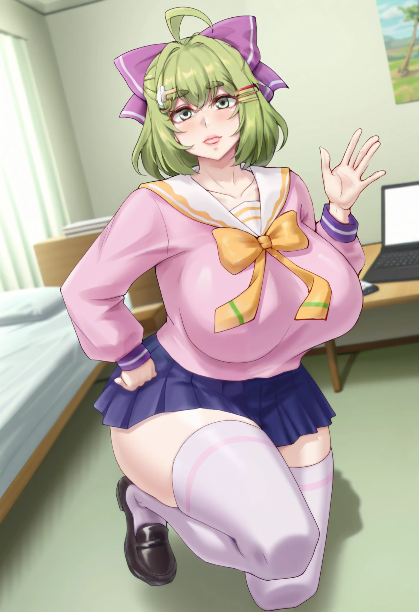 Masterpiece, best quality, high resolution, 1girl ,full body shot, (best quality), (ultra-detailed), (masterpiece, best quality:1.3), 1female, adult, Masterpiece, Best Quality, hi res,HD, detailed 1girl ,anime, mature female, indoors, smile, age 30 - 40 ,curvy, milf, mother, NSFW,short green hair, green eyes, purple bow headdress, sailor suit, blue pleated skirt, white stockings, Green Hair Bow Girl,ahoge / stray hair,M-shaped fringe / M-shaped bangs Short green hair, green eyes, purple bow headpiece, Barrette . Hair bow voluptuous, voluptuous female, looking at viewer, high resolution, 8k, 4K, high detail, detailed bangs, detailed hair, high detail face, high detail eyes, detailed lips, dynamic shot, dynamic angle, small nose,GreenHairBowGirl, ,Pink dress, long sleeve,Hair bow,desk, computer,gamer,bed, chair, bedroom,looking at the viewer,((mature fingers)),Voluptuous body, curvy body, accurate fingers, GreenHairBowGirl ,Tsuma_Netori_Style