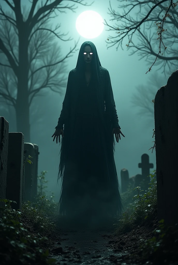 Create for me a horror photo of a female ghost of a young woman , with a scary face in a dark and macabre cemetery at night (The cemetery is dark and foggy)
