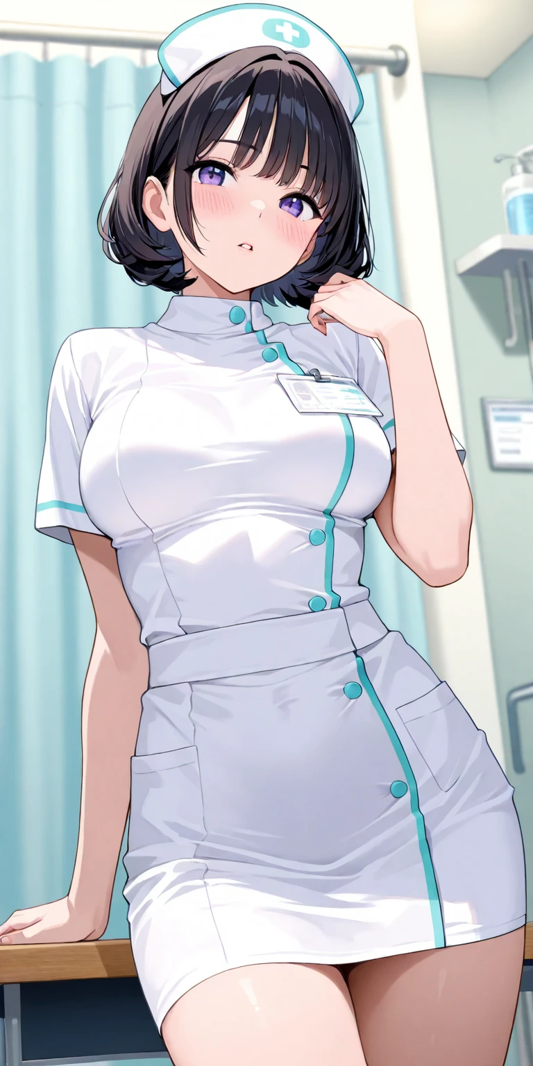 (The Ultimate Beautiful Japan young Woman), hyper-detailed face, Detailed lips, (big eye:1.4), Double eyelids, Short brunette hair, (grin)、(White Molded Teeth), (cparted lips), ((Wearing a nurse's white uniform:1.4))、((large full breasts)), thighs thighs thighs thighs、(Cowboy Shot:1.3), Perfect fit, depth of fields、Perfect image realism、Meticulous background, detailed costume, Perfect litthing、Hyper-Realism、Photorealsitic、8K maximum resolution, (masterpiece), ighly detailed, Professional, hospital , wear closed