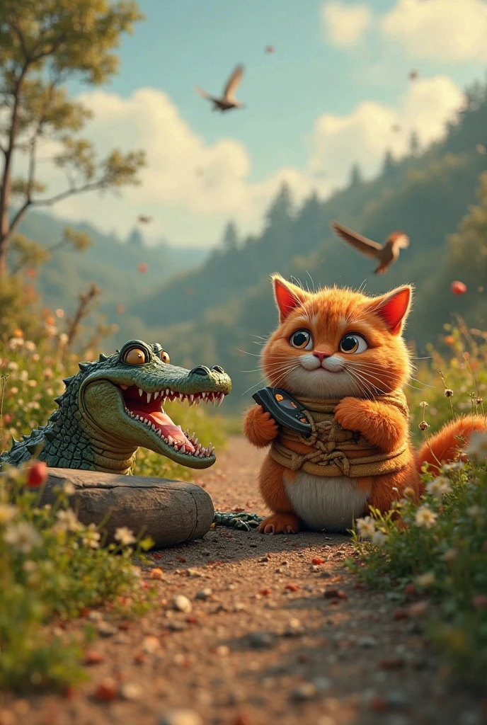 Prompt:
"A highly detailed 3D-rendered, HD, TikTok-sized scene set in a peaceful countryside valley, now overshadowed by an intense moment. The chubby red cat, tightly tied up with thick ropes, somehow manages to pull out a tiny phone with its paws. With wide, panicked eyes and trembling whiskers, it dials a number, desperately speaking into the phone.
Meanwhile, the massive crocodile, with its sharp teeth gleaming, continues to sharpen a giant knife on a grinding stone, sparks flying ominously. The atmosphere is tense—birds in the distance have gone silent, the wind has stopped, and the cat’s friends are nowhere to be seen. The scene is rich with detail, dramatic lighting, and a mix of dark humor and adventure."