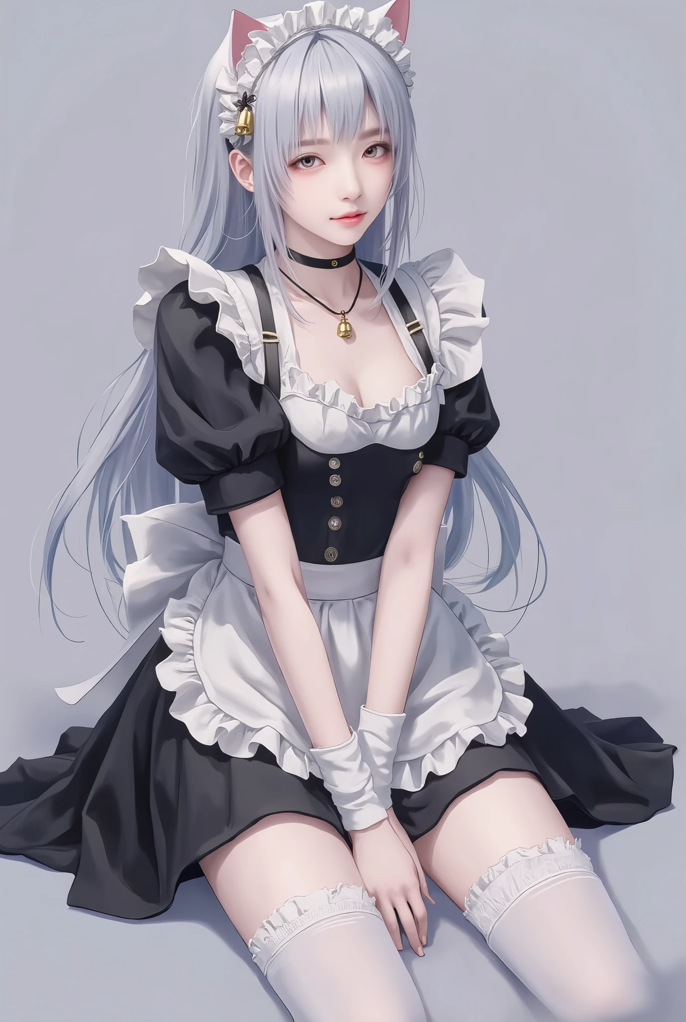 ager,male maid ,Cat ears, Height 193 cm , no head(The skin closes smoothly from the neck to the jawline),Pale, slender, beautiful legs,White lace-trimmed over-the-knee socks,Black leather necklace with gold bells,Oversized maid apron,Soft glowing skin,No blood stains and no scars,cute,Beautiful hands and white,Can fully see a pair of white legs,Cut off the head,Change to a neck ring, High school students
