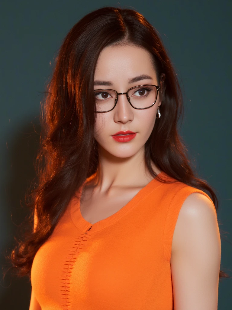 A woman sits in an orange chair, smiling broadly at the camera. She has dark hair and glasses, and is wearing a red blouse with lace details. The background features a patterned wall and what appears to be a staircase leading upwards. She is about 36 years old, 1.62 tall, 60 kg, best quality, perfect face, perfect mouth, perfect hands, is standing, (full body) well defined, her slightly plump and red lips look like a delicate flower. Slim body, slim waist. Her body exudes glamor and her face is the definition of beauty. Highly realistic, reddish skin, feeling of lightness and joy, hyper-realism, very elaborate skin. Sharp photo, high quality, high resolution (ultra quality masterpiece), Ultra HD, high contrast, 16K. Masterpiece: 1.3, high resolution, (photographically realistic), 8k, NUDE, NUDITY, NFSW.