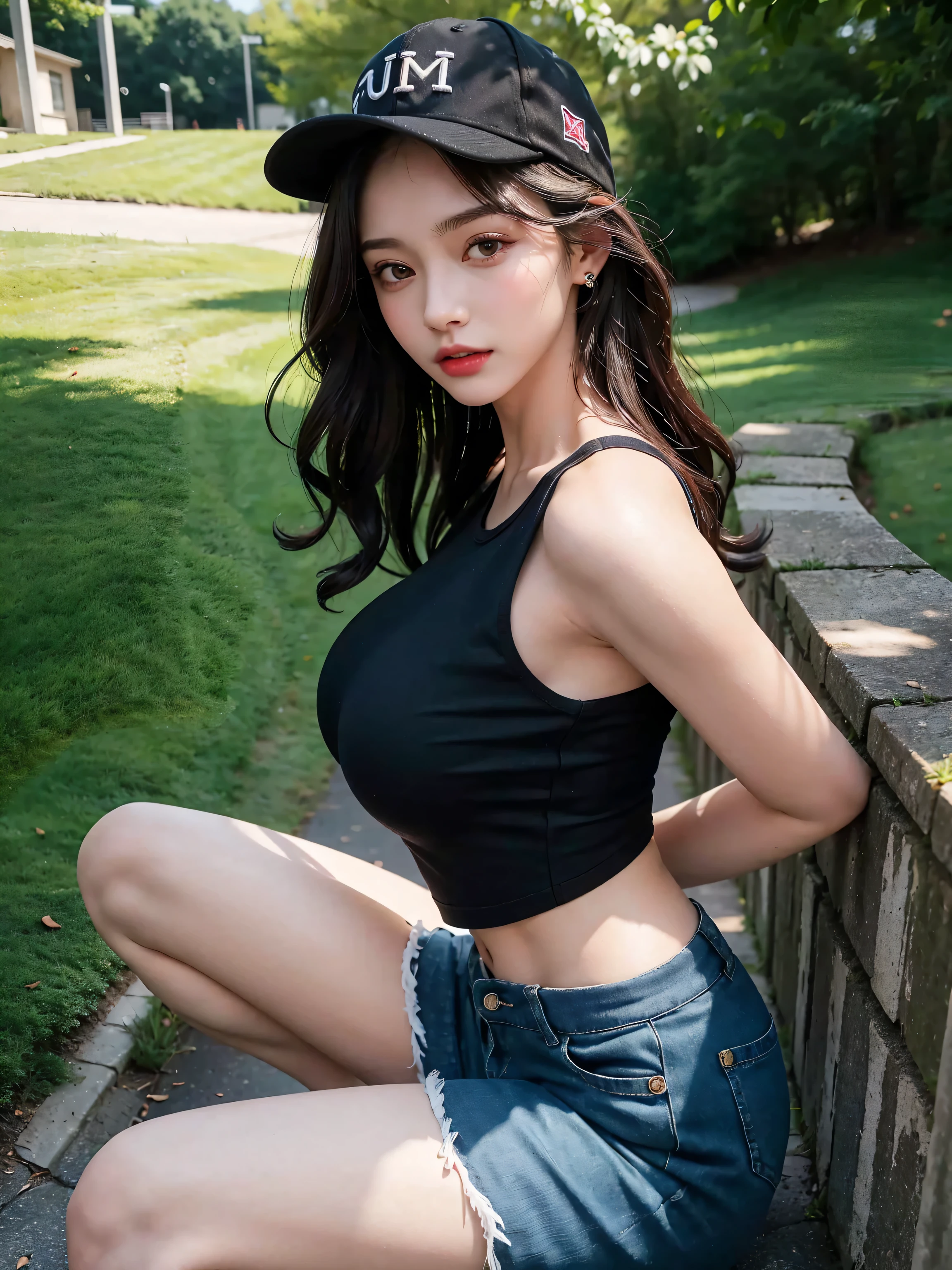 A face with glamorous eyeshadow and makeup、Nice body、Big Tits、Earrings、Beautiful woman standing with her legs apart、shirt、Vinyl micro mini skirt、Panties in full view、garden、Shiny skin、Sweaty body、From the thigh up