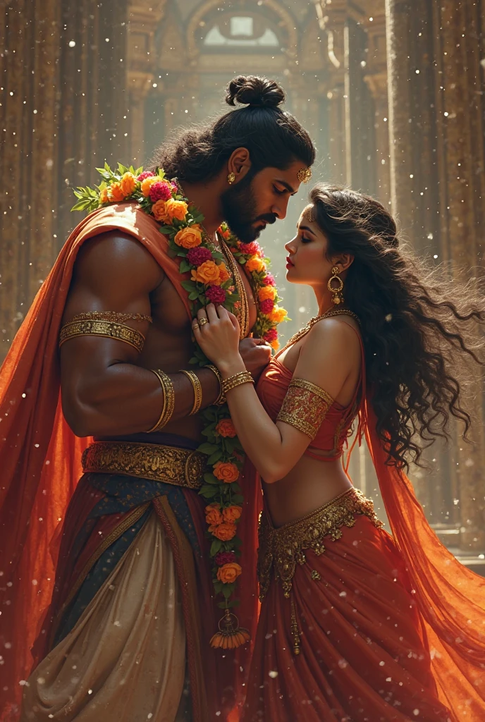 सावित्री और अर्जुन की पहली मुलाकात राजसी बगीचे में होती है। बगीचे में रंग-बिरंगे फूल खिले हुए हैं, एक सौम्य फव्वारा बह रहा है, और हल्की धूप चारों ओर बिखरी हुई है। दोनों पात्र एक-दूसरे को जिज्ञासा और प्रशंसा के साथ देख रहे हैं।"